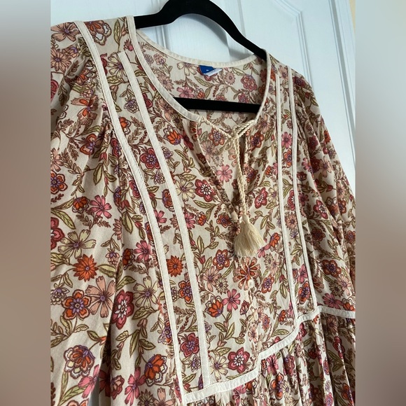 OLD NAVY Floral-Print Tie-Neck Midi Dress, Medium Bohemian Cottagecore Peasant - Picture 6 of 14